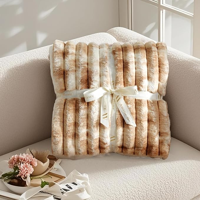 Am챕lie Home Faux Fur Throw Blanket for Couch, Cozy Fuzzy Fluffy Fur Luxurious Soft Striped Plush Gift Blankets for Family Sofa Chair Bedroom, 55"x70", Tie-dye Khaki