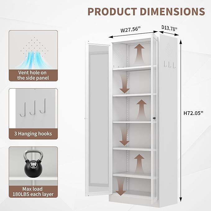 Kitchen Pantry Storage Cabinets with Glass Doors and 5 Adjustable Shelves, 72" Tall Kitchen Cupboard Metal Pantry Cabinet for Home Office Living Dining Room, Assembly Required (White)