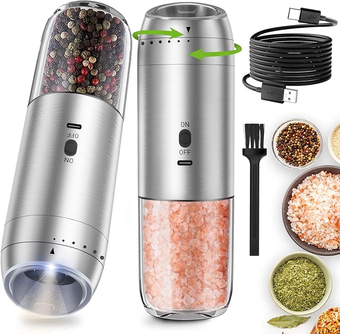 Gravity Salt and Pepper Grinder Set, Electric Salt and Pepper Grinder, Refillable Pepper Mill with Adjustable Coarseness & LED Light, Upgraded Large Capacity Rechargeable Pepper Grinders for Kitchen