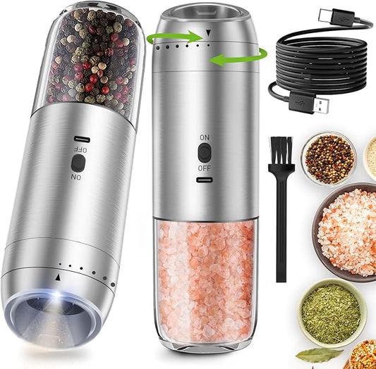 Gravity Salt and Pepper Grinder Set, Electric Salt and Pepper Grinder, Refillable Pepper Mill with Adjustable Coarseness & LED Light, Upgraded Large Capacity Rechargeable Pepper Grinders for Kitchen