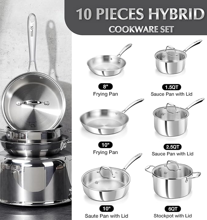 KOCH SYSTEME CS Tri-Ply Stainless Steel Cookware Set 10 Piece, Professional 18/10 Stianless Steel Pots and Pans Set, Oven & Induction Safe, Non-Toxic Kitchen Cookware Set for Family Cooking, 10pcs