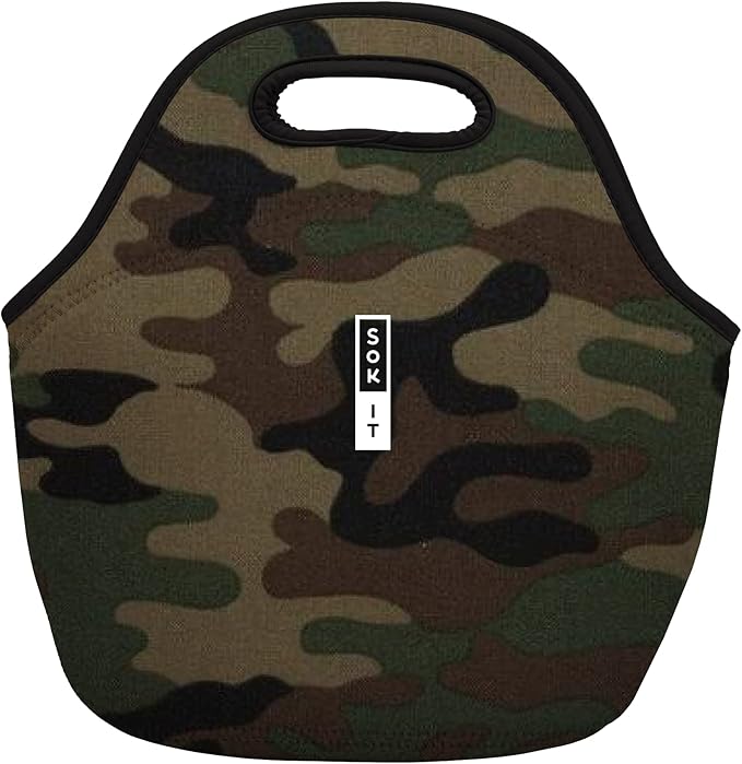 Sok It LunchTote Zippered Bag Insulated Neoprene Caddy (Green Camo, Large 4.5 Quart Lunch Tote)