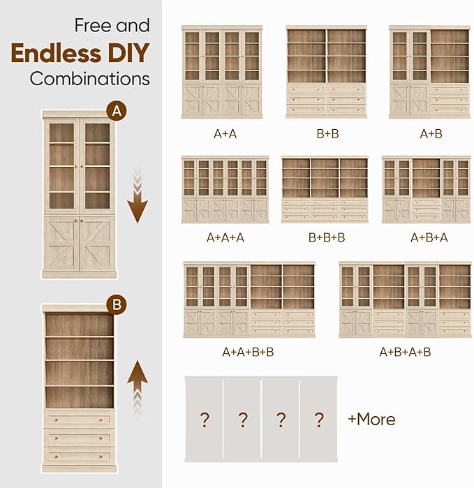71" Farmhouse Bookcase with Glass Doors & Drawers, Tall Wooden Storage Cabinet with Adjustable Shelves for Living Room, Kitchen, Home Office, Dining Room ??Rustic Brown, Set of 4