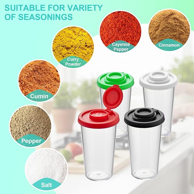 Plastic Salt and Pepper Shakers Set with 4 Color Lids & 20 Labels ??Clear Spice Jars, Reusable, Refillable Seasoning Containers for Kitchen, Cooking, Baking ??Easy Storage & Organization