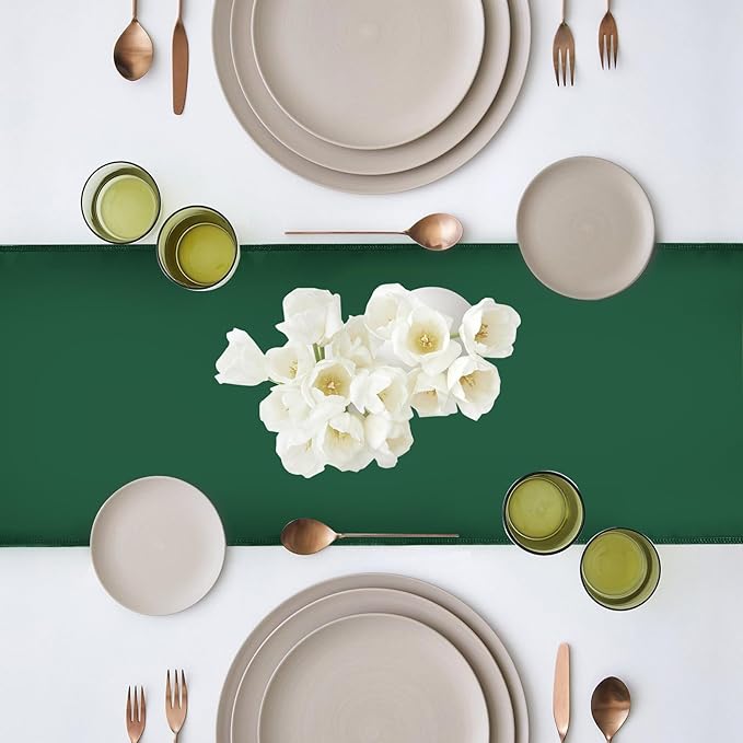 Yblut 10 Pack Satin Table Runner 12 x 108 Inch Long Dark Green Silk Table Runner for Wedding Party Banquet Birthday Decoration