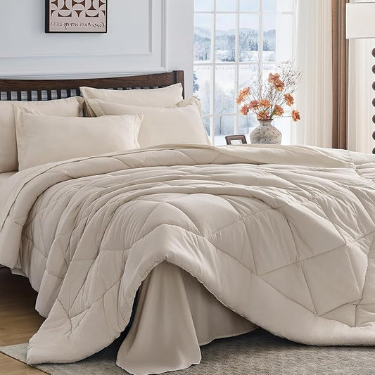 HEVUMYI Beige Tan Twin-XL Comforter Set - 5-Piece All Season Bed in a Bag Twin-XL, Ultra Soft Bedding Set with Comforter, Flat Sheet, Fitted Sheet, Pillowcases, Pillow Shams, Beige Tan
