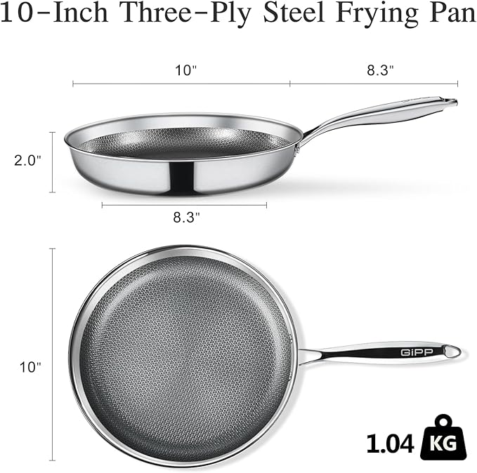 GiPP Tri-Ply Stainless Steel Frying Pan, 10 inch Hybrid Frying Pans Nonstick Skillets, Dishwasher and Oven-Safe, Induction Ready, Compatible with All Cook tops, PFOS/PFOA Free
