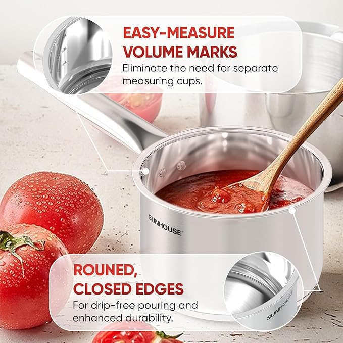 Sunhouse ??3 Quarts Stainless Steel Sauce Pan with Lid - PFOA-FREE, Stainless Steel Sauce Pan, Advanced Impact Bonding Induction Base, Stay-Cool Handle, Compatible with All Cooktops