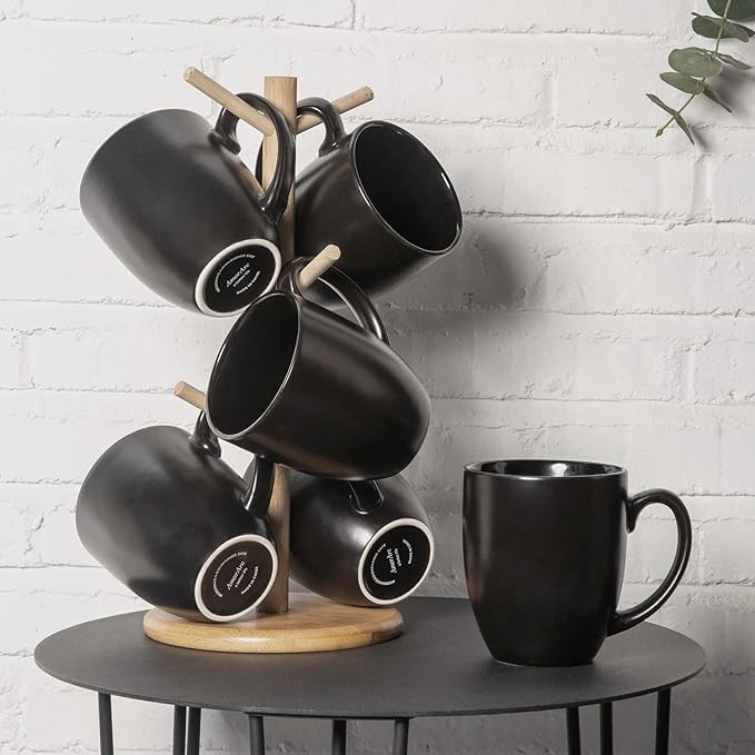AmorArc 12oz Coffee Mugs Set of 6, Large Coffee Mugs for Men Women Dad Mom, Ceramic Coffee Cups with Large Handle for Tea/Latte/Cappuccino/Cocoa. Dishwasher&Microwave Safe, Matte Black
