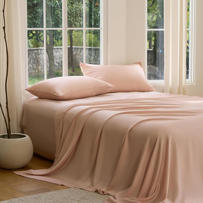 DOZ Sheet Set, 100% Viscose derived from Bamboo, Organically Grown, Buttery Soft, Cooling Sheets, High GSM, Deep Pockets - 3 Piece - 2 Pillowcases 1 Fitted Sheet (Blush, Queen)
