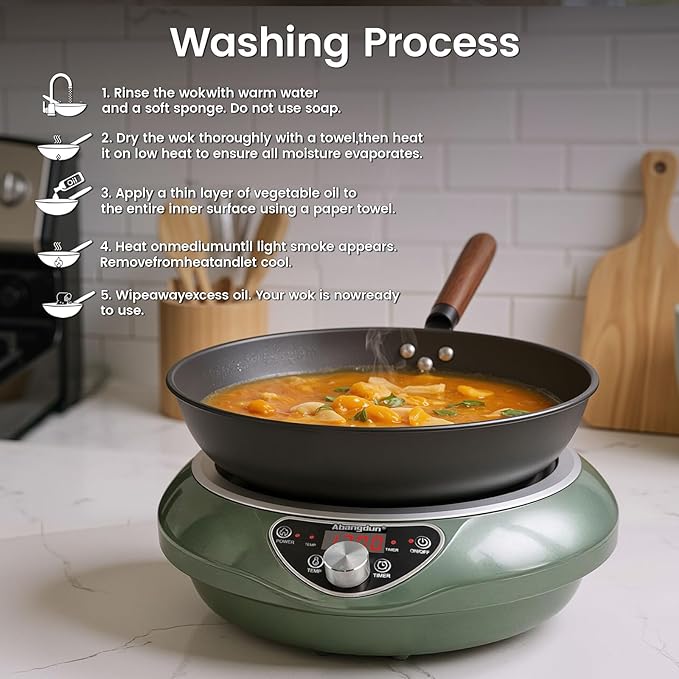 1700W Wok Induction Cooktop with 13.4??Nitride Carbon Steel Wok Round-Bottom & Flat-Pan Compatible, Electric Stir-Fry Wok Set for Home & Restaurant, No-Coating, Even Heating