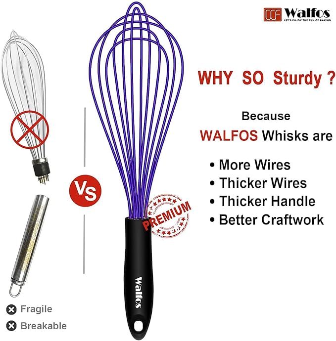 Walfos Whisk,7+9+11in Silicone Whisks for Cooking Non Scatch,Kitchen Whisk,BPA Free and Heat Resistant 480째F,Wisk Perfect for Frothing,Blending,Beating.Dishwasher Safe 3pcs Dark Purple