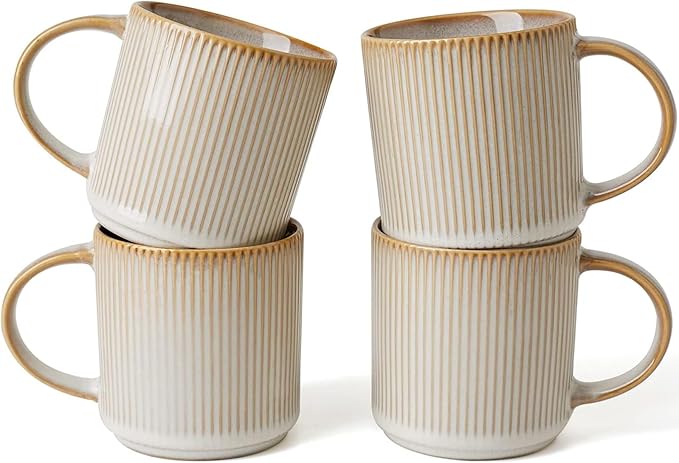 famiware Coffee Mug Set for 4, Star 12 oz Catering Mugs Cup Set with Handle for Coffee, Tea, Cocoa, Milk - Ceramic Stoneware Drinkware Set, Cappuccino White