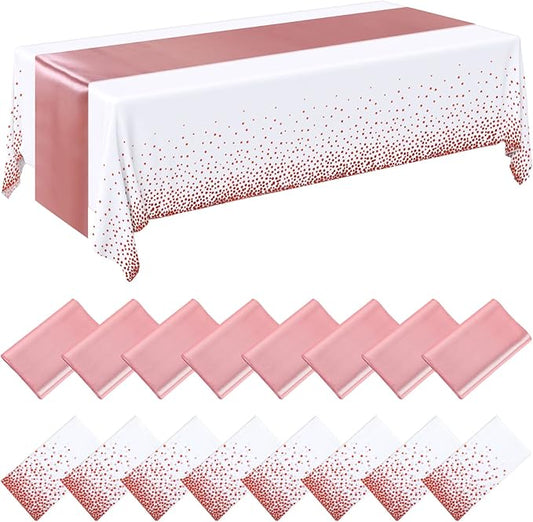 Tudomro 16 Pcs White and Rose Gold Disposable Plastic Tablecloths and Satin Table Runner Set 54x108 Inch Tablecloth 12x108 Inch Table Runners for New Year Wedding Birthday Baby Shower Graduation