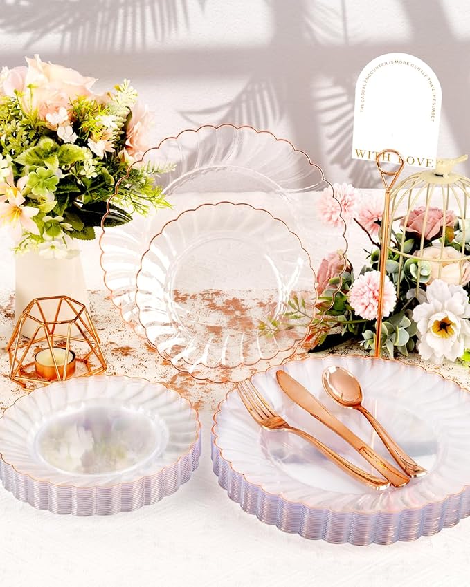 YOUBET 100PCS Rose Gold Scalloped Plastic Plates - Heavy Duty Clear Rose Disposable Fancy Hard Plates Include 50 Dinner Plate, 50 Dessert Plate for Wedding & Baby Shower Party