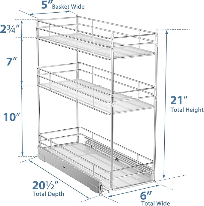 ROOMTEC Pull Out Spice Rack for Narrow Cabinet (6" W X 20쩍" D),3 Tier Heavy Duty Sliding Spice Cabinet Organization Shelf Racks, Pull Out Shelves Under Cabinet Storage for Kitchen