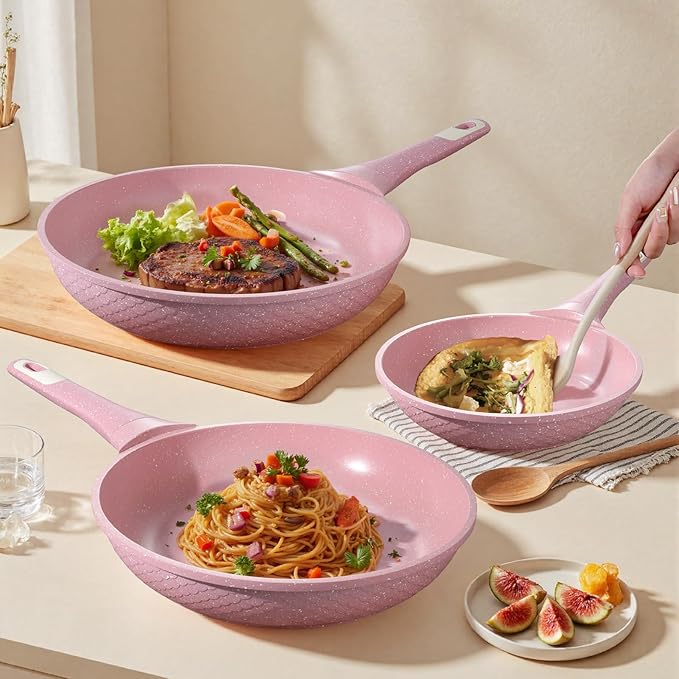 11 Inch Non Stick Frying Pans with Lid - 100% PFOA PFAS Free, Super Nonstick, All Stovetop Compatible Induction Gas Electric, Omelette & Egg Pan, Dishwasher Safe, Eco-Friendly Pink Pan