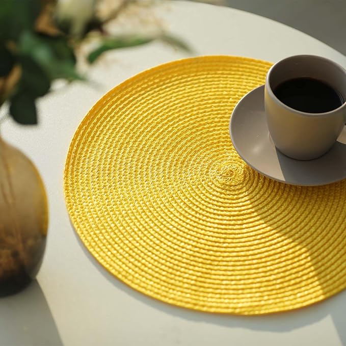 FunWheat Round Braided Placemats Set of 4 Place Mats for Dining Tables Woven Washable Non-Slip Table mats Small 13 inch(S Yellow, 4pcs)