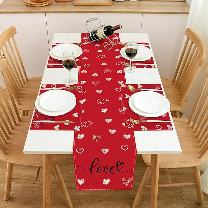 Valentines Day Table Runner 13x60 Inch, Love Hearts Valentine Table Runner, Anniversary Home Kitchen Dining Table Holiday Party Decorations (Red)