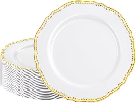 Hioasis 60pcs Gold Plastic Plates - White and Gold Disposable Dinnerware with Gold Rim, Heavy-duty, 10.25 inch, Dinner Plates for Party & Wedding