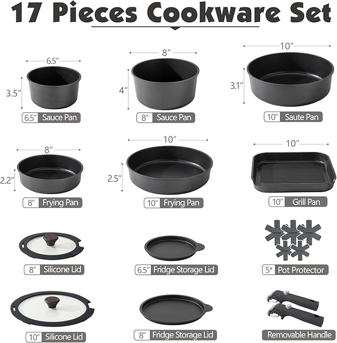 SENSARTE 17 Piece Pots and Pans Set, Nonstick Detachable Handle Cookware Set, Induction Kitchen Cookware Set with Removable Handle, Healthy Non Stick for RV, Dishwasher 竊?Oven Safe, PFOA Free (Black)
