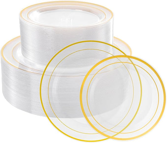 Lullaby 102PCS Clear Plastic Plate with Gold Rim, Includes 51pcs Dinner Plates 10??and 51pcs Dessert Plates 7?? Disposable Elegant Plate for Thanksgiving, Party and Wedding