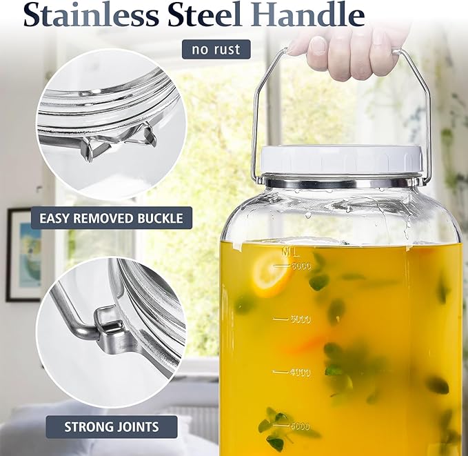 Folinstall 2 Gallon Large Glass Jar with Lid, Wide Mouth Storage Jars with Stainless Handle, Extra Big Glass Container with 2 Scale Mark for Storing Food, Kitchen Organization, 7400 ML/250 OZ