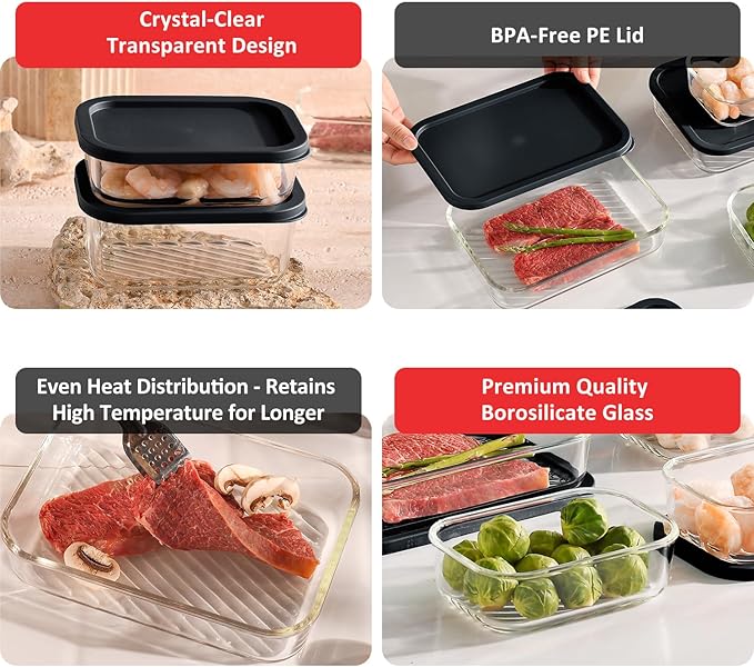 EATEX 12 Pack Glass Meal Prep Containers with Grooved Base, 12 Stackable BPA Free Glass Storage Containers with Lids for Lunch, Pantry, and Kitchen - Microwave, Dishwasher Freezer & Oven Safe - Black