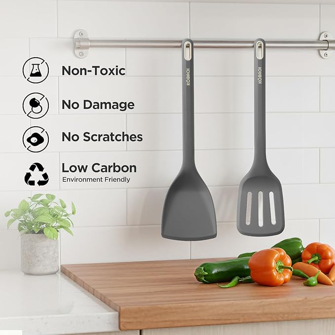2 Pack Silicone Spatula, Heat Resistant 600째F Silicone Spatulas Set,Turner & Slotted Spatula for Non Stick Frying Pan, Food Grade Kitchen Utensils set for Flipping, Stir-Fry, Cooking & Baking