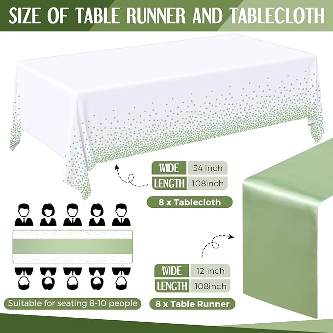 Tudomro 16 Pcs White and Sage Green Disposable Plastic Tablecloths and Satin Table Runner Set 54x108 Inch Tablecloth 12x108 Inch Table Runners for New Year Wedding Birthday Baby Shower Graduation