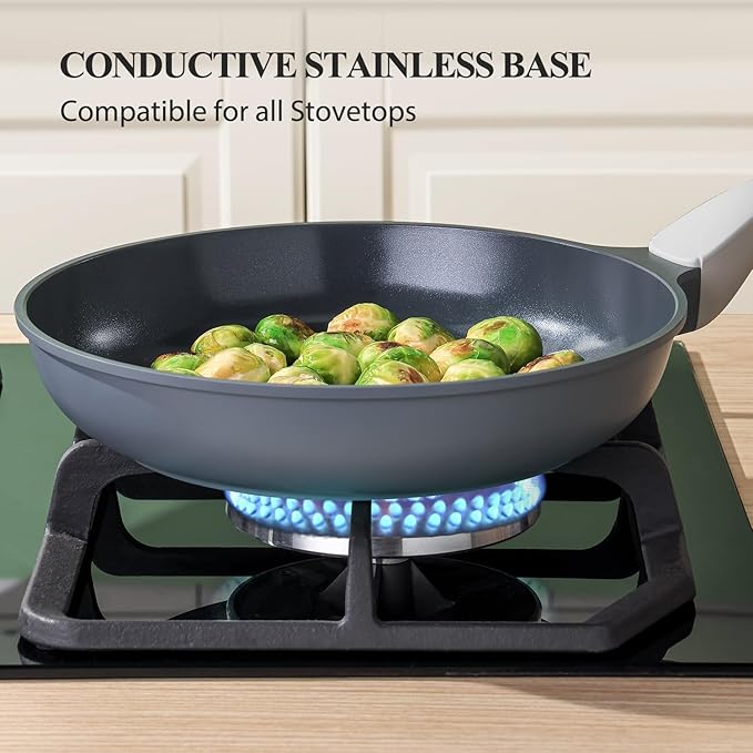 PRICUSIS Nonstick Ceramic Frying Pan with Lid, 8/10/12 Inch, Metal Utensil Safe, PFOA & PFAS Free, Scratch & Stain Resistant Skillet, Oven & Dishwasher Safe, Induction Compatible ??Gray (12-Inch)