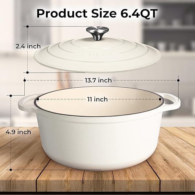 Zulay Kitchen 6 Quart Enameled Cast Iron Dutch Oven Pot with Lid ??Premium Durability & Oven Safe up to 500째F ??Heavy Duty Cookware Perfect for Bread Baking, Stews, Braising & Roasting ??White