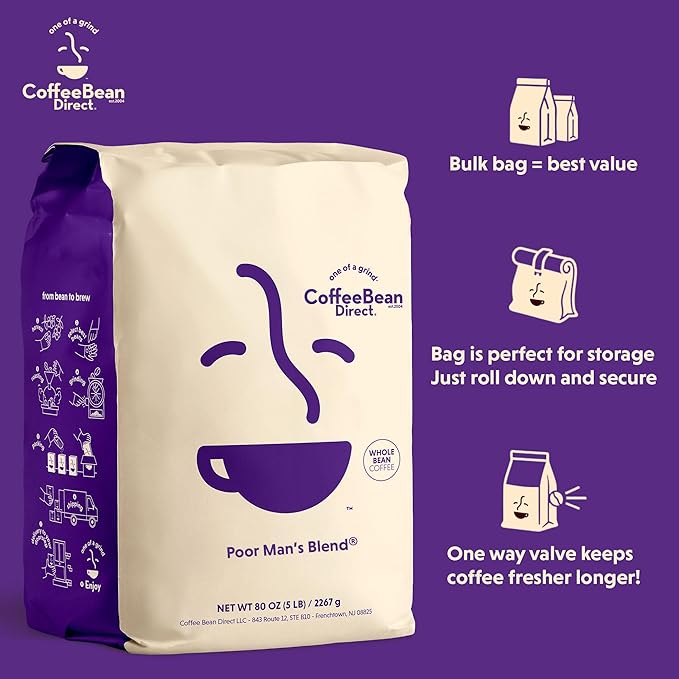 Coffee Bean Direct Poor Man's Blend짰, Whole Bean Coffee, Medium Roast, 5 Pound Bag (Pack of 1)