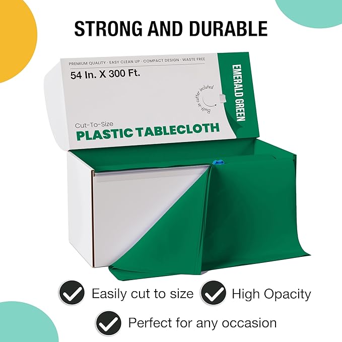 Party Solids 54 Inch X 300 Feet Emerald Green Plastic Table Cover Roll in A Cut - to - Size Box with Convenient Slide Cutter. Cuts Up to 36 Rectangle 8 Feet Plastic Disposable Tablecloths
