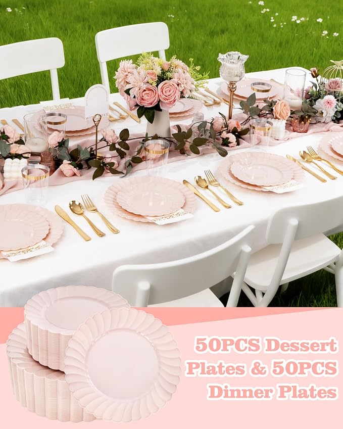 YOUBET 100PCS Pink Scalloped Plastic Plates - Heavy Duty Pink Disposable Fancy Hard Plates Include 50 Dinner Plate, 50 Dessert Plate, for Wedding & Party Valentines Day