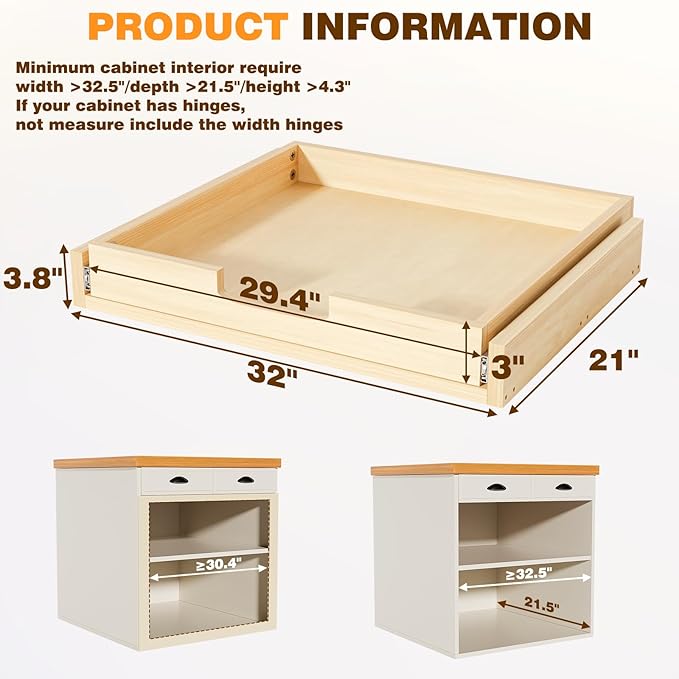 Pullout Cabinet Organizer, 32''W횞21''D횞3''H Slide Out Shelves for Kitchen Cabinets, Pull out Drawers for Kitchen Cabinets, Pantry, Bathroom, & Storage Organization