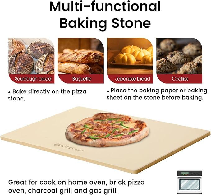 ROCKSHEAT Pizza Stone, Rectangular Extra Large 23.6" x 15.8" x 0.6" Pizza Stones for Oven Grill BBQ, Industrial Commercial Heavy Duty Cordierite Baking Stone for Pizza Bread, Outdoor Pizza Accessories