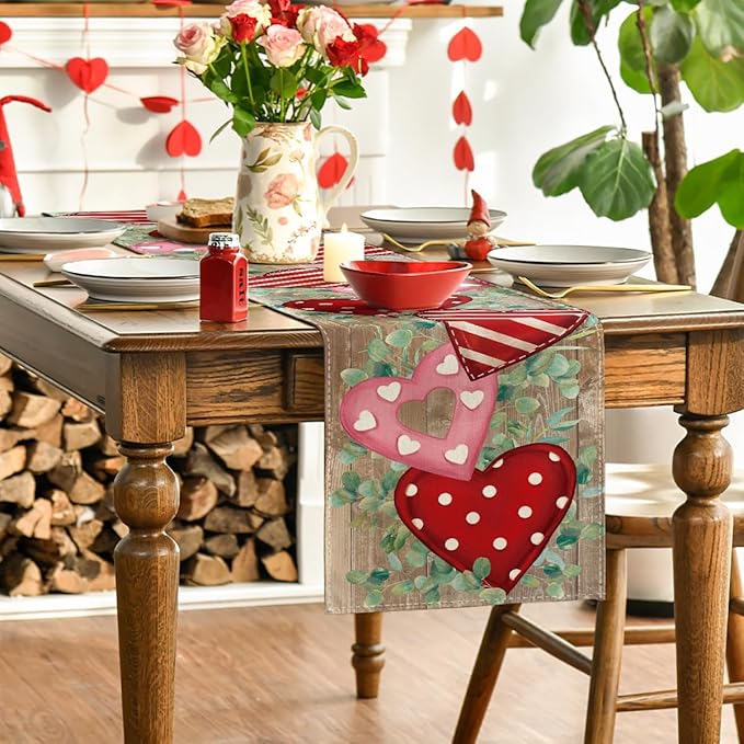 Artoid Mode Wood Love Hearts Valentine's Table Runner, Anniversary HoliKitchen Dining Table Decoration for Home Party Decor 13x72 Inch