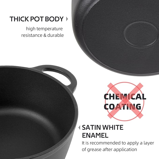 6 Quart Dutch Oven Enameled Cast Iron with Lid - Big Dual Handles - Oven Safe up to 500째F - Classic Round Pot for Versatile Cooking (Matte Black(No Enameled), 6 QT)