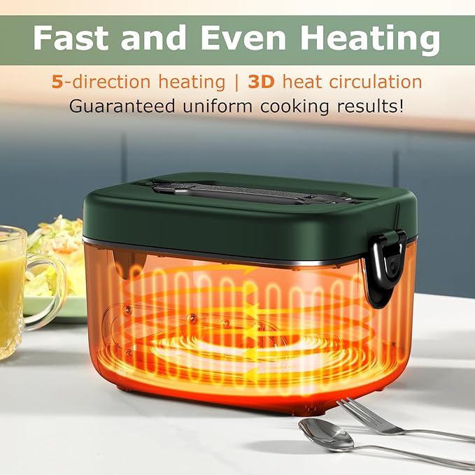 THZDMI 1.2L Cordless Electric Lunch Box ??20000mAh Rechargeable Portable Food Warmer with 5-Sided Heating, Auto Temperature Control, Leakproof & BPA-Free ??Perfect for Office, Truck, Outdoors Green