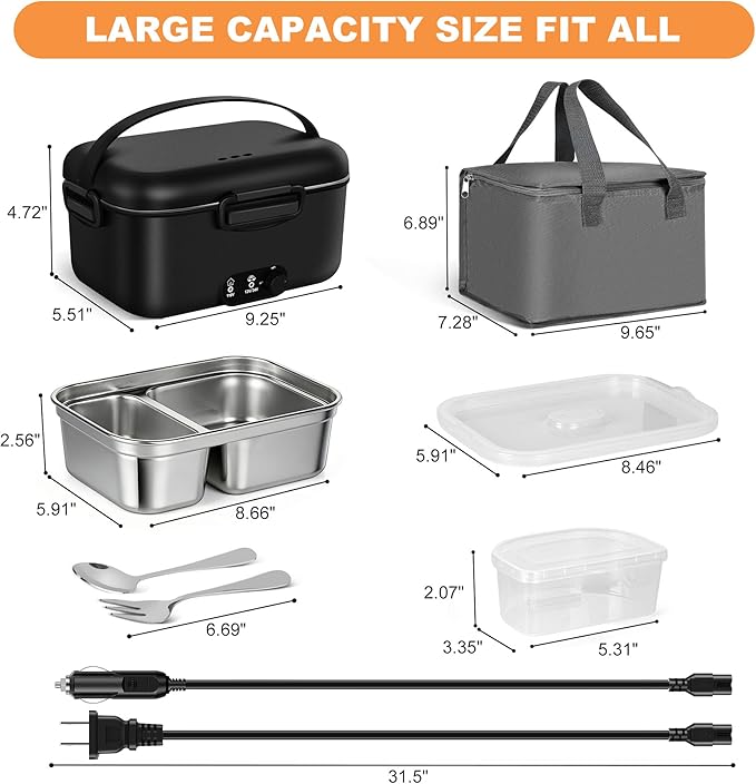 Electric Lunch Box Food Warmer 1.8L - 100W Mechanical Temperature Control Heated Lunch Box for Adults, 12V/24V/110V Fast Heating Lunchbox Food Heater for Work/Car/Truck, Fiambrera el챕ctrica port찼til