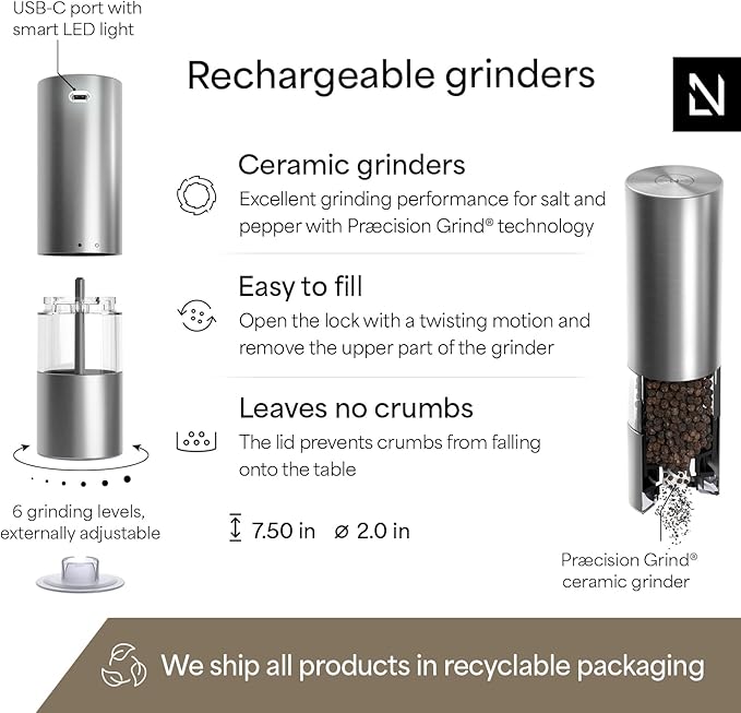 LARS NYS횠M Electric Salt and Pepper Grinder Set I Automatic Salt and Pepper Mills with Adjustable Ceramic Grinder I USB Rechargeable Electric Spice Mill Set with LED Light (Stainless Steel)