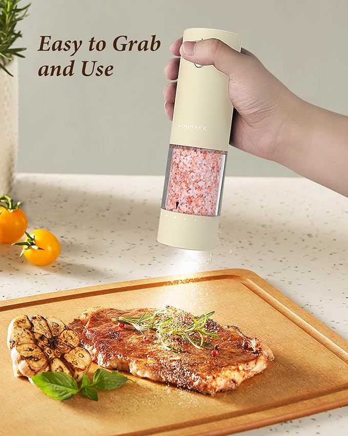 Electric Salt and Pepper Grinder Set - Automatic Refillable Salt and Pepper Grinders with Charging Base & LED Light, 6-Level Adjustable Coarseness with External Dial, Ideal Kitchen Gadget竊똁eige