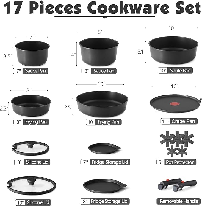 SENSARTE 17 Piece Pots and Pans Set, Nonstick Detachable Handle Cookware Set, Induction Thermo-Signal Cookware Set with Removable Handle, Healthy Non Stick for RV, Dishwasher 竊?Oven Safe (Black)