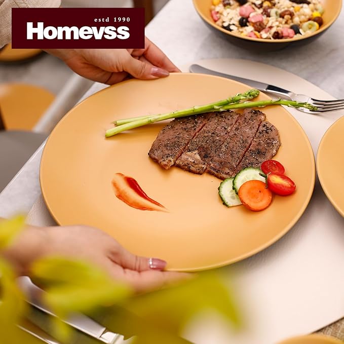 Stoneware Two-Tone Colors Life Dinner Set 12pc Set, Outside Shiny Black + Inside Matte Curry