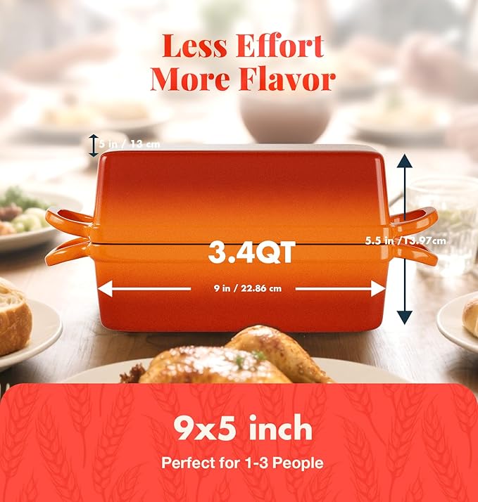 2 IN 1 Cast Iron Bread Loaf Pan with Lid, 3.4QT 9x5 Inch Dutch Oven for Bread Baking, Even Heating Bread Oven, Enameled Bread Pan for Homemade Sourdough Bread Baking & Versatile Cooking, Orange
