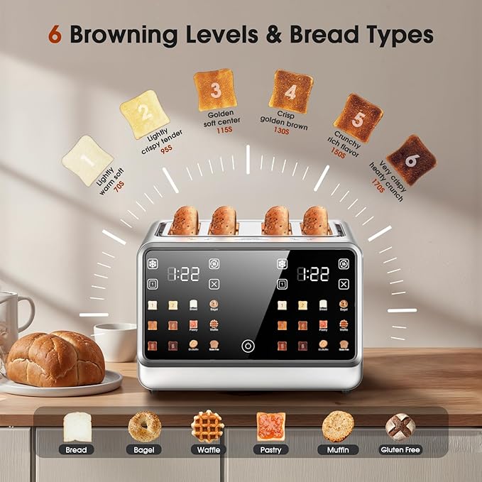 Smart Toaster 4 Slice Wide Slot??Dual Digital TouchScreen & Independent Control for Family | 1800W Stainless Steel for 6 Bread Types & Toast Settings | Defrost Reheat & Single-Slice Modes