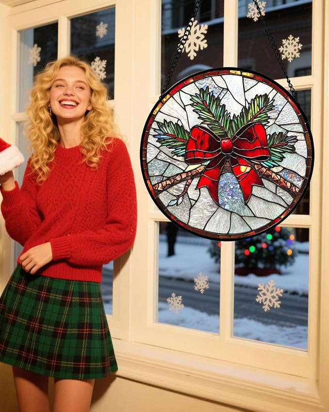 Stained Glass Window Hanging - Pine Branches Red Bow Suncatcher for Doors Home Christmas Decoration Silver Sun Catcher Thanksgiving New Year Birthday Gifts for Women Men Mom Nana 6.3 in