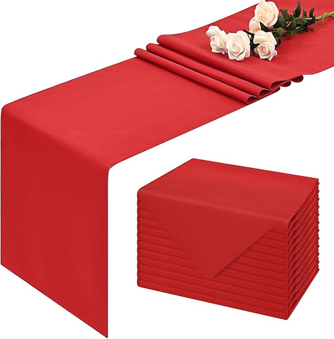 12 Pack Red Polyester Table Runner,12x72 inch Christmas Table Runner Washable and Reusable Rustic Farmhouse Polyester Table Runners for Wedding Birthday Parties Graduations Christmas Decor