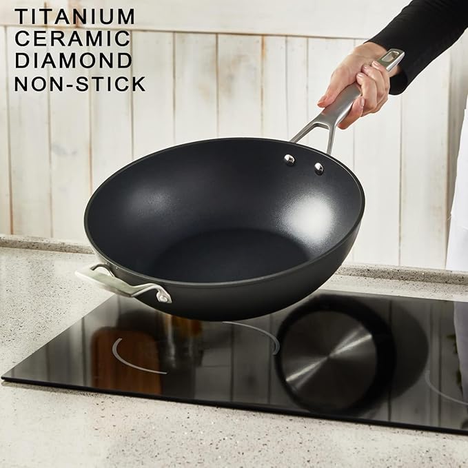 MsMk Titanium and Ceramic Nonstick Wok pan with lid竊?2.5 Inch Woks & Stir Fry Pans with Stay-Cool Handle竊똅lat Bottom Wok Suits for Induction, Electric, Gas, Halogen, All Stoves